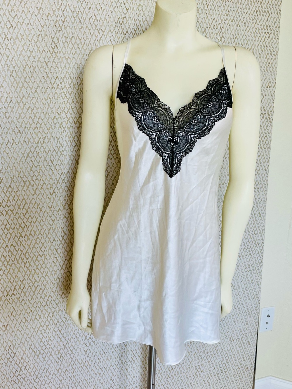 Victoria's Secret White Satin Chemise with Black Lace V-Neck